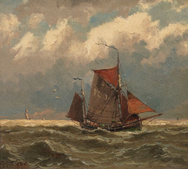 Koekkoek G.J.  | Fishing boat on the high seas, oil on panel 14.6 x 16.9 cm, signed l.l. with initials and dated '92