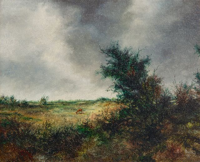 Rien Poortvliet | Landscape with grazing deer, oil on canvas, 24.6 x 30.2 cm, signed l.r.