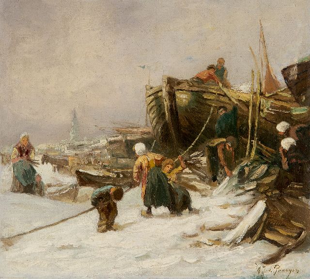 Albert Jurardus van Prooijen | Beach in winter, oil on canvas laid down on panel, 21.1 x 22.8 cm, signed l.r.