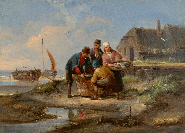 Pieter Cornelis  Dommershuijzen | Fish market on the coast of Marken, oil on panel, 17.0 x 23.2 cm, zonder lijst