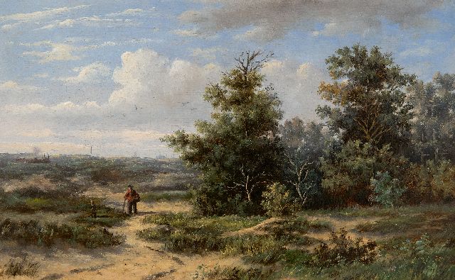 Anthonie Jacobus van Wijngaerdt | Dutch dune landscape with Haarlem in the distance, oil on panel, 18.9 x 30.4 cm