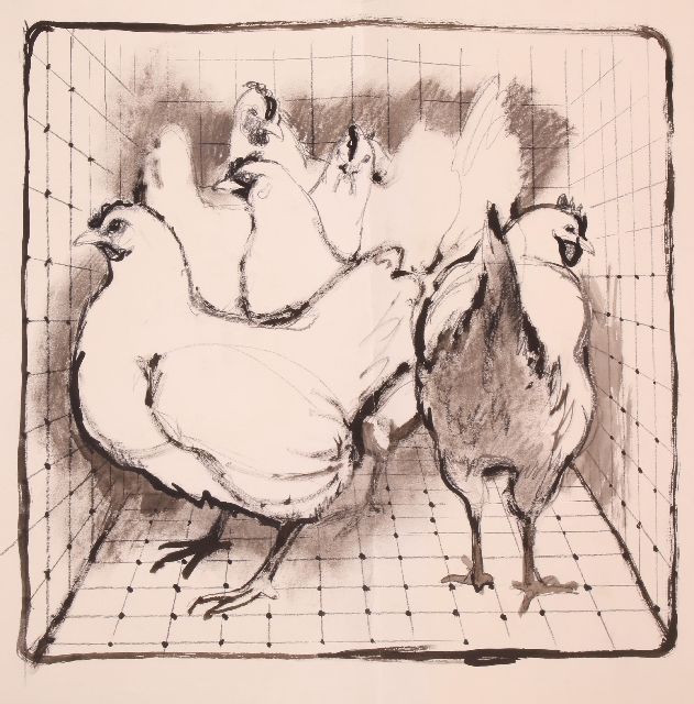 Poortvliet R.  | Chickens in a run, charcoal and ink on paper 49.4 x 64.8 cm