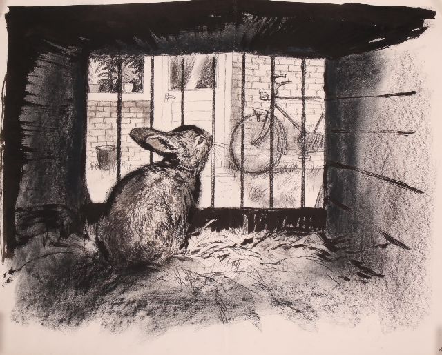 Rien Poortvliet | Rabbit in cage, charcoal and ink on paper, 50.0 x 64.8 cm