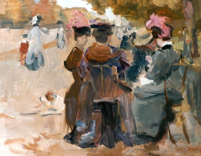 Isaac Israels | Elegant ladies on a terrace, Bois de Boulogne, oil on canvas, 32.5 x 41.0 cm, signed l.r.