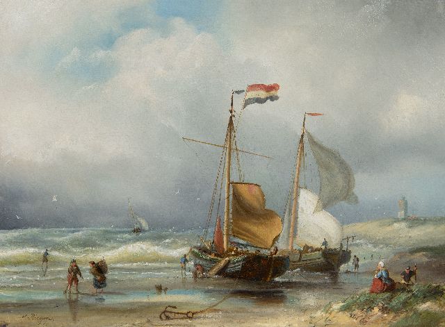Nicolaas Riegen | Fishing boats and fisherfolk in the surf, oil on panel, 31.2 x 41.7 cm, signed l.l.