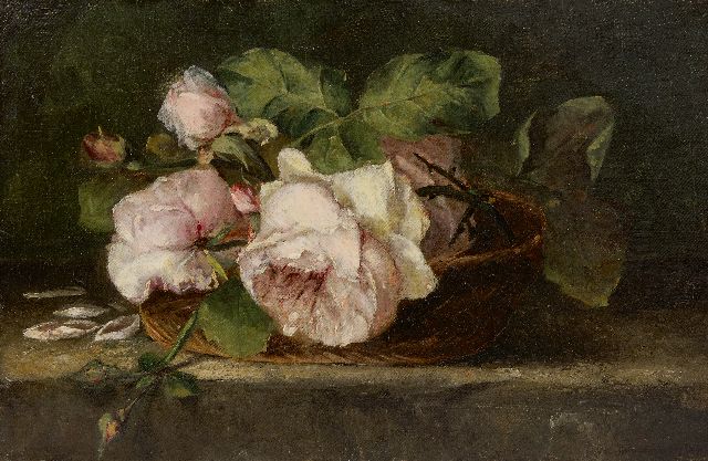 Adrienne van Hogendorp-'s Jacob | Roses in a basket, oil on canvas, 25.4 x 38.5 cm, signed l.r.