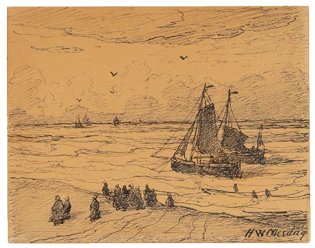 Hendrik Willem Mesdag | Fishing ships in the surf, Scheveningen, pen and ink on paper, 11.4 x 14.5 cm, signed l.r. and dated on the reverse 3 Nov 1894