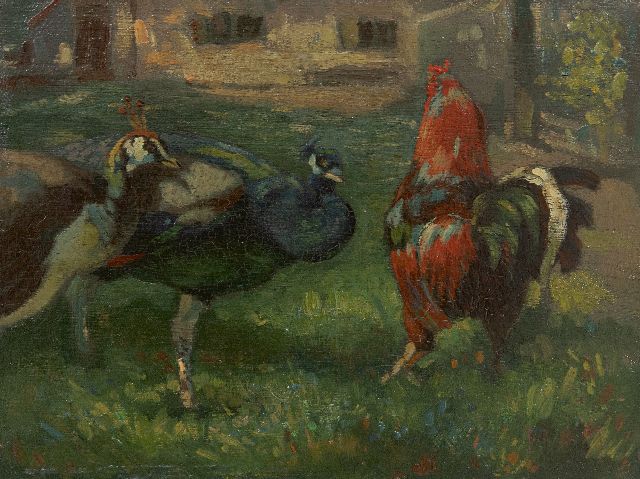 Moor P.C. de | Two peacocks and a rooster, oil on panel 18.0 x 24.0 cm, signed l.r. and without frame