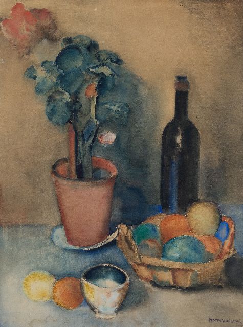 Matthieu Wiegman | Still life with geranium, fruit and a wine bottle, watercolour on paper, 73.0 x 54.1 cm, signed l.r.