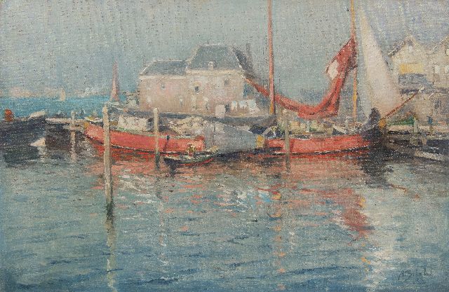 Schotel A.P.  | Harbor view with moored barge, oil on canvas 40.3 x 60.9 cm, signed l.r. and dated '23