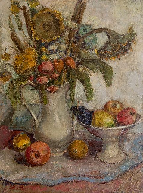 Mesdag-van Houten S.  | Still life with sunflowers and fruit, oil on canvas 80.7 x 60.2 cm, signed l.l. and niet ingelijst