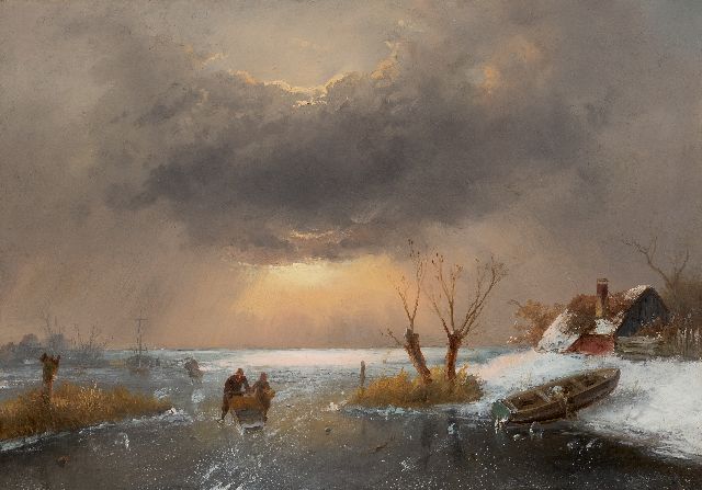 Charles Leickert | Dutch winter with skaters at sunset, oil on panel, 33.8 x 48.2 cm, signed l.r.