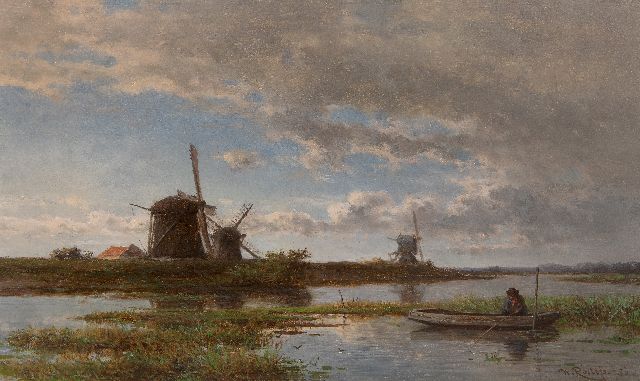 Willem Roelofs | Polder landscape with windmills and an angler, oil on panel, 24.3 x 40.4 cm, signed l.r. and dated '56