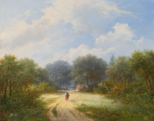 Hendrik Pieter Koekkoek | Summer landscape with woman, oil on panel, 26.1 x 33.0 cm, signed c.b.