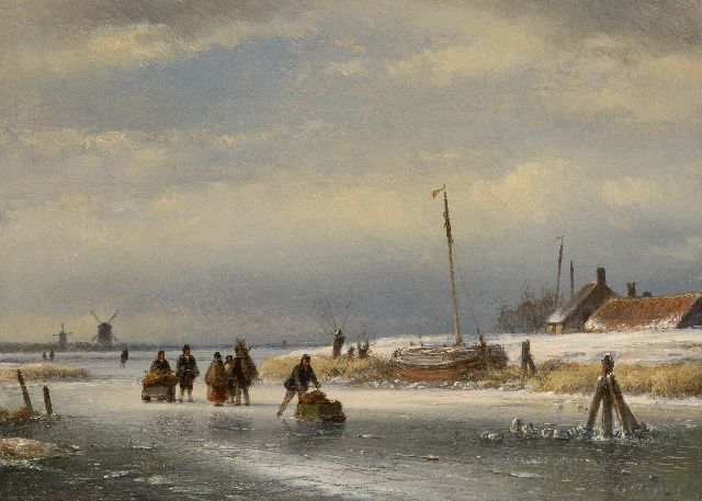 Lodewijk Johannes Kleijn | Ice scene with skaters and sleds, oil on panel, 23.0 x 31.7 cm, signed l.r.