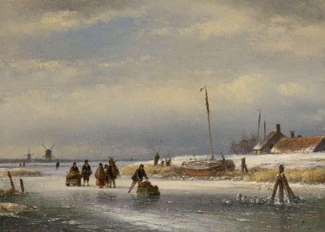 Lodewijk Johannes Kleijn | Ice scene with skaters and sleds, oil on panel, 23.0 x 31.7 cm, signed l.r. and without frame