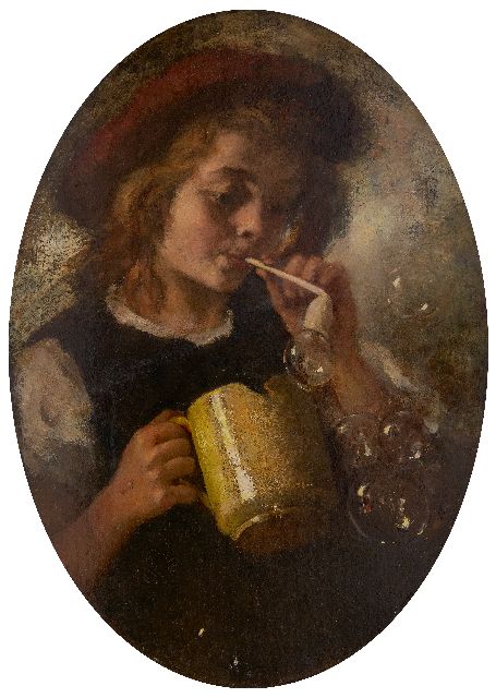 André Broedelet | A boy blowing soap bubbles, oil on eternite, 43.0 x 30.1 cm