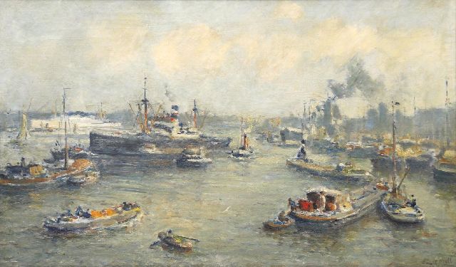 Evert Moll | Activity in the port of Rotterdam, oil on canvas, 60.1 x 100.4 cm, signed l.r.