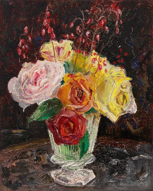 Harm Kamerlingh Onnes | Roses in a glass vase, oil on board, 30.6 x 24.6 cm, signed l.r. with monogram and dated '62