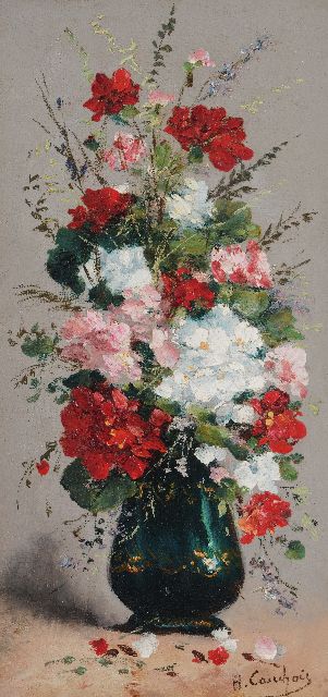 Eugène-Henri Cauchois | Flower still life, oil on canvas laid down on panel, 35.8 x 17.5 cm, signed l.r.