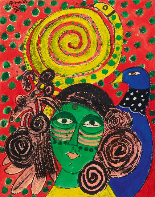 Corneille ('Corneille' Guillaume Beverloo)   | Woman with bird and snake, gouache on paper 66.1 x 51.8 cm, signed u.l. and dated '77