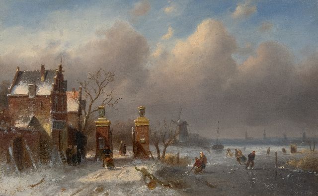Charles Leickert | Skaters on a frozen waterway near the 'Leidsche Hek' in Oegstgeest, oil on panel, 25.0 x 40.0 cm, signed l.r.