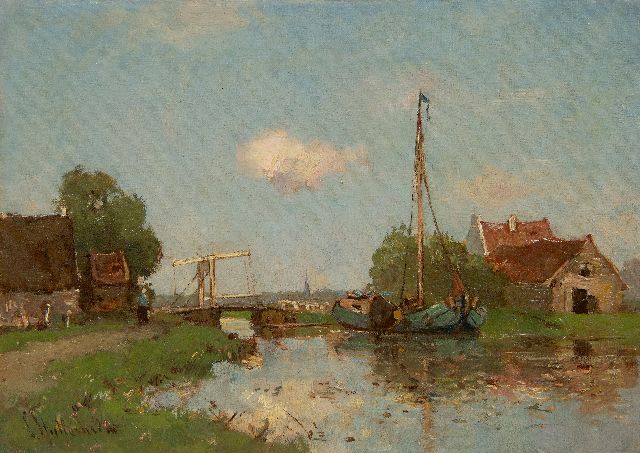 Louis Stutterheim | River view with houses and a moored barge, oil on canvas, 25.5 x 35.5 cm, signed l.l.