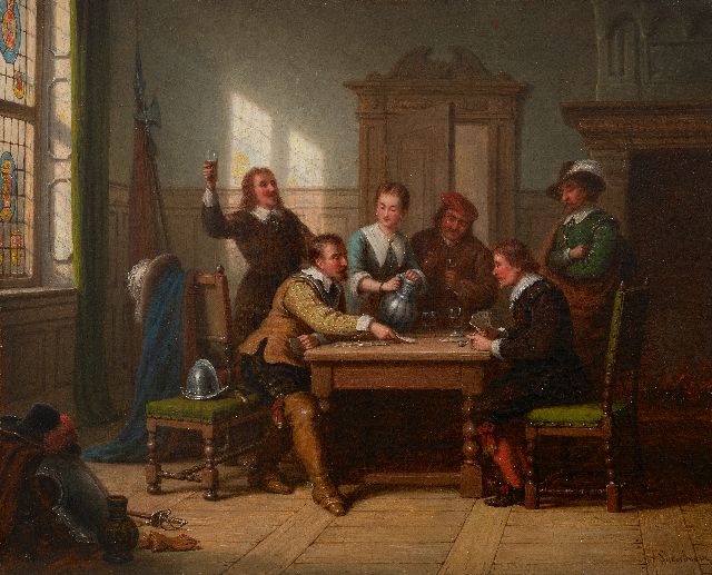 Andries Scheerboom | Soldiers drinking and playing card games, oil on canvas, 43.7 x 54.1 cm, signed l.r.