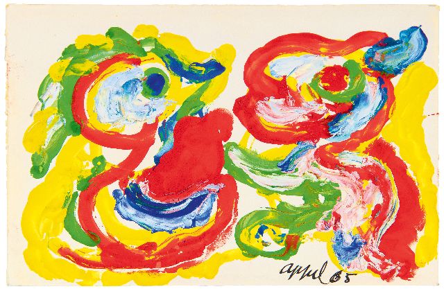 Karel Appel | A postcard to Simon Vinkenoog, gouache on paper, 10.0 x 16.0 cm, signed l.r. and dated '65