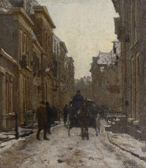 Tholen W.B.  | Carriage in a snowy street in Voorburg, oil on canvas laid down on panel 64.1 x 56.3 cm, signed l.r. and executed ca. 1889