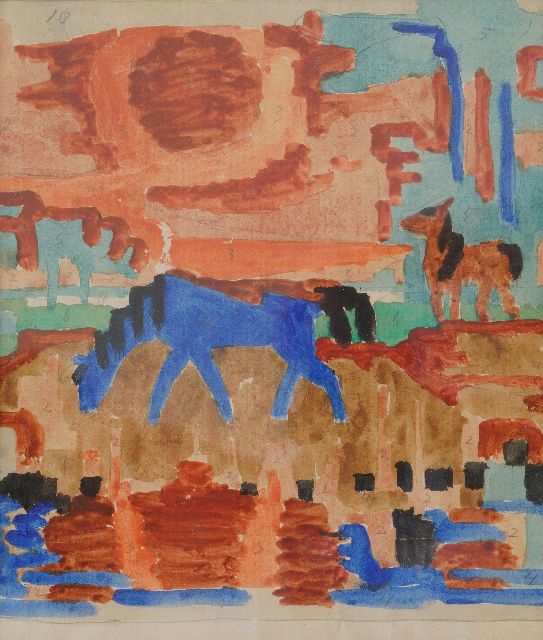 Jan Altink | Design for a tapestry: Two horses, pencil and watercolour on paper, 46.8 x 32.8 cm, executed ca. 1925