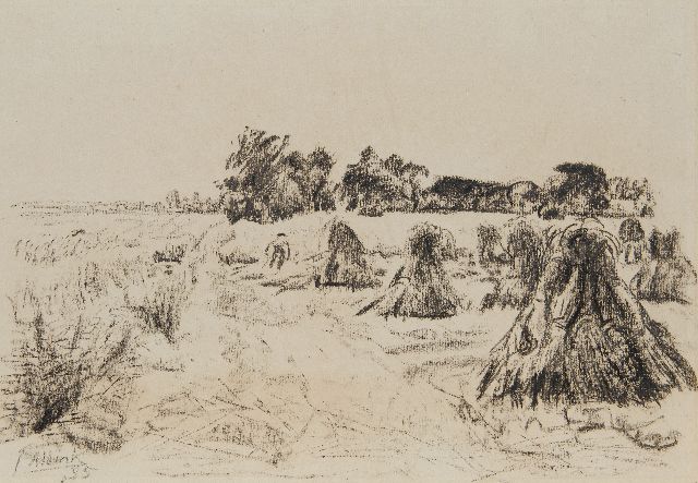 Altink J.  | Harvest landscape with hay sheaves, chalk on paper 36.0 x 48.9 cm, signed l.l. and dated '35, without frame
