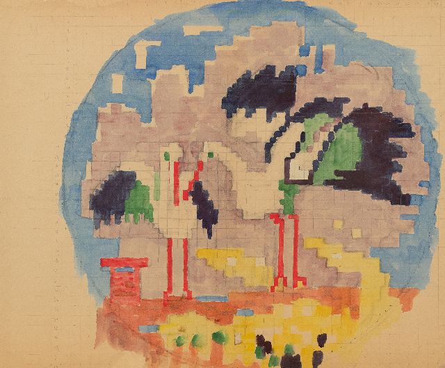 Jan Altink | Design for a tapestry: Two storcks, pencil and watercolour on paper, 57.8 x 70.6 cm