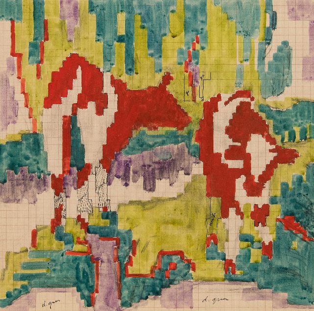 Jan Altink | Design for a tapestry: Two cows, ink and watercolour on paper, 45.3 x 42.8 cm