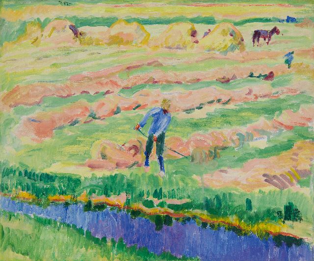 Altink J.  | Landscape with haymaking farmer, oil on canvas 50.3 x 60.2 cm