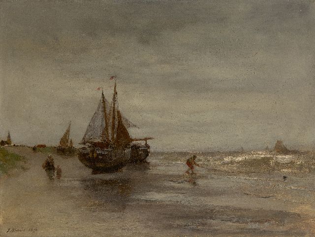 Maris J.H.  | Fishing boats in the surf near Scheveningen, oil on canvas 23.4 x 30.4 cm, signed l.l. and dated 1870