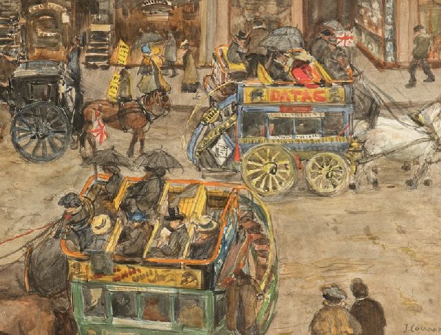 Ko Cossaar | Omnibusses in a London street, pencil and watercolour on paper, 38.8 x 55.8 cm, signed l.r.