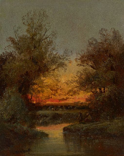 Henri van Wijk | Anglers at sunset, oil on panel, 24.2 x 19.0 cm, signed l.l. and without frame