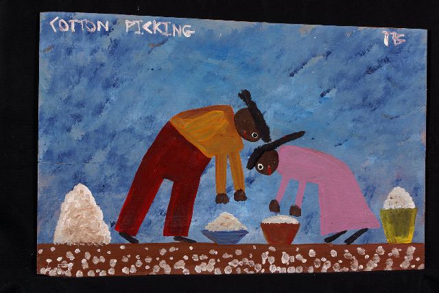 Tim Brown | Cotton picking, acrylic on panel, 37.0 x 55.0 cm, signed u.r. with initials