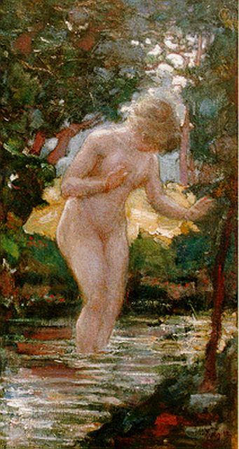 Westermann G.B.J.  | A bathing beauty, oil on panel 38.4 x 20.6 cm, signed l.r. with monogram and dated '12