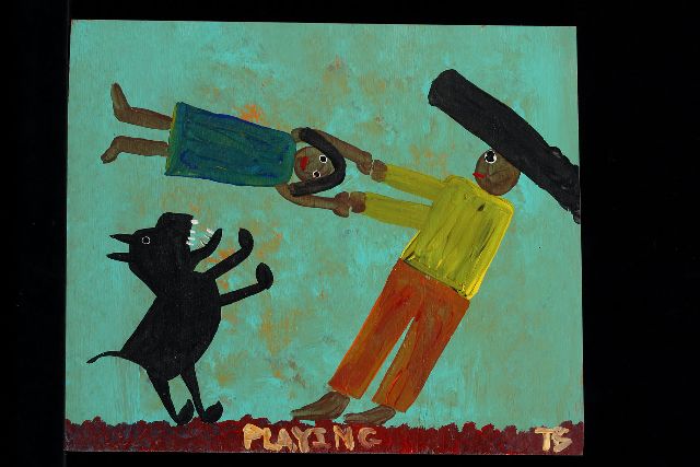 Tim Brown | Playing, acrylic on panel, 36.0 x 43.0 cm, signed l.r. with initials