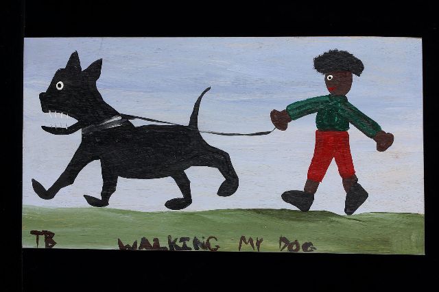 Tim Brown | Walking my dog, acrylic on panel, 33.0 x 62.0 cm, signed l.l. with initials