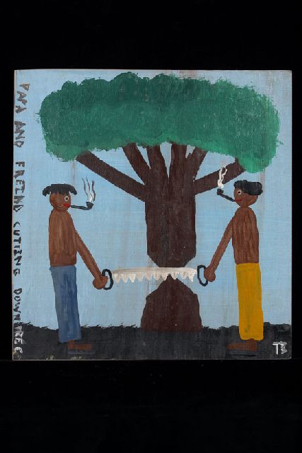 Tim Brown | Papa and freind cutting down tree, acrylic on panel, 43.0 x 42.0 cm, signed l.r. with initials