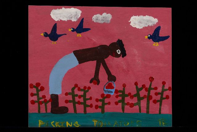 Tim Brown | Picking tomatoes, acrylic on panel, 34.0 x 40.0 cm, signed l.r. with initials