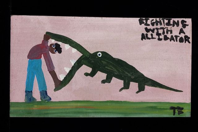 Brown T.  | Fighting with a alligator, acrylic on panel 28.0 x 51.0 cm, signed l.r. with initials