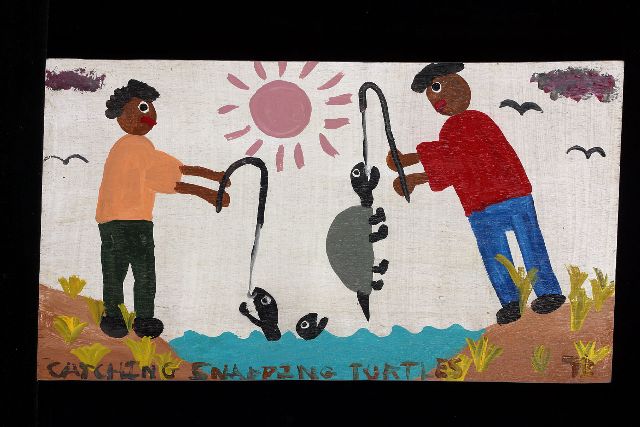 Tim Brown | Catching snapping turtles, acrylic on panel, 31.0 x 55.0 cm, signed l.r. with initials