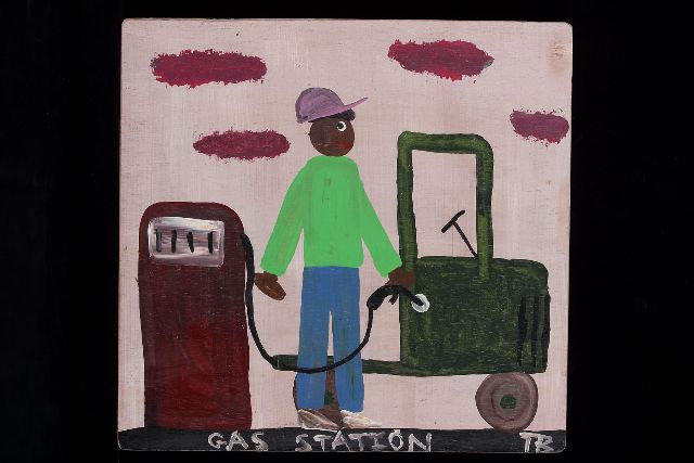 Tim Brown | Gas station, acrylic on panel, 41.0 x 43.0 cm, signed l.r. with initials