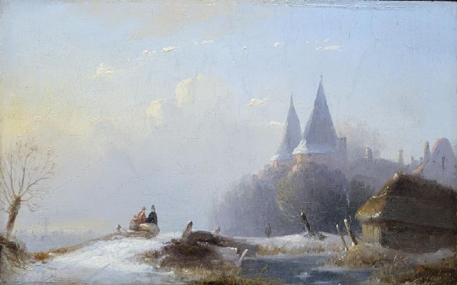 Abraham van der Wayen Pieterszen | City gate in snowy landscape, oil on panel, 14.3 x 22.4 cm
