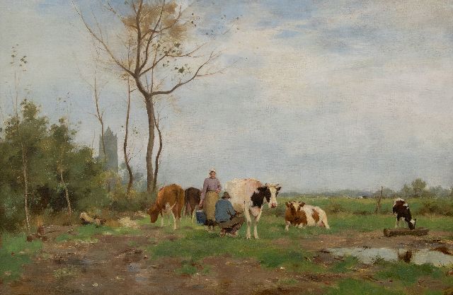 Groenewegen A.J.  | Milking time at Oirschot, oil on canvas 40.7 x 60.7 cm, signed l.l.