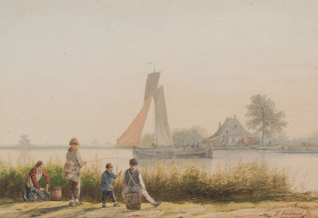 Hermanus Koekkoek jr. | Children fishing along a riverbank, watercolour on paper, 22.2 x 32.3 cm, signed l.r.